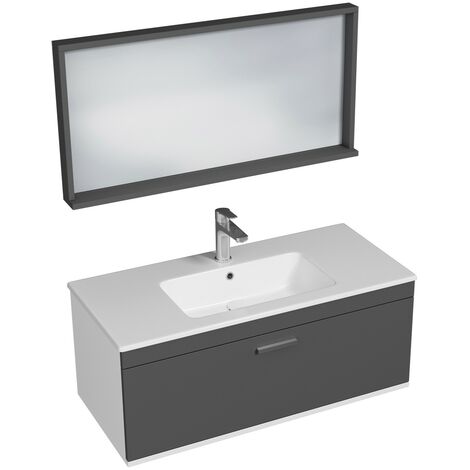 RUBITE Meuble salle de bain simple vasque 1 tiroir gris anthracite largeur 100 cm + miroir cadre