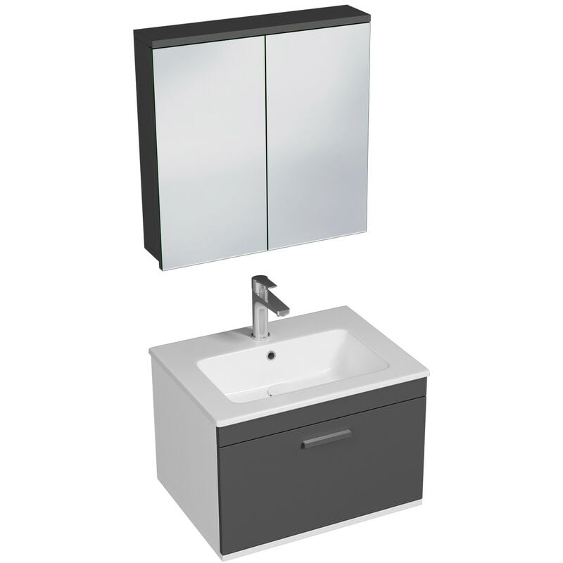 Saniverre - rubite Meuble salle de bain simple vasque 1 tiroir gris anthracite largeur 60 cm + miroir armoire