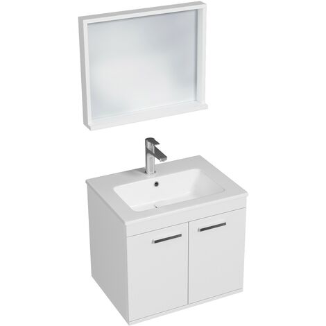 RUBITE Meuble salle de bain simple vasque 2 portes blanc largeur 60 cm + miroir cadre