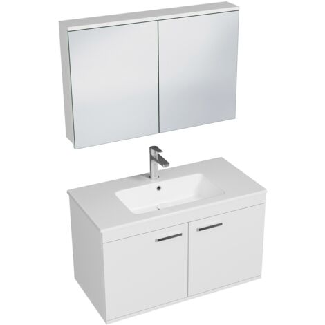 RUBITE Meuble salle de bain simple vasque 2 portes blanc largeur 90 cm + miroir armoire