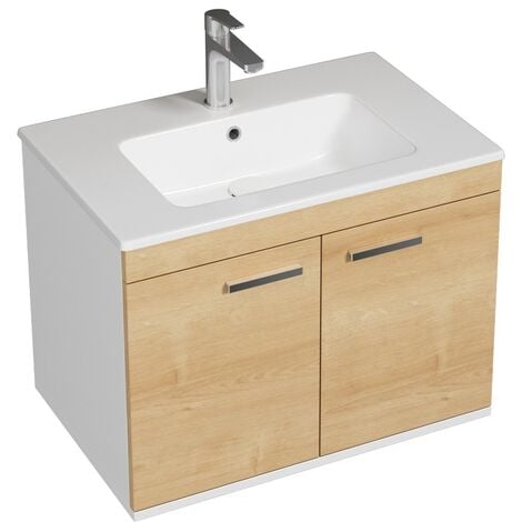 RUBITE Meuble salle de bain simple vasque 2 portes chêne clair largeur 70 cm