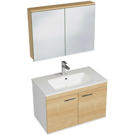 RUBITE Meuble salle de bain simple vasque 2 portes chêne clair largeur 80 cm + miroir armoire