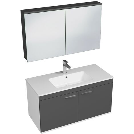 RUBITE Meuble salle de bain simple vasque 2 portes gris anthracite largeur 100 cm + miroir armoire