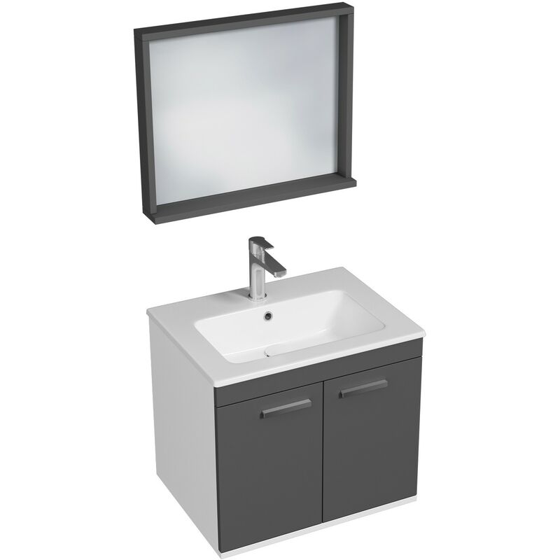Saniverre - rubite Meuble salle de bain simple vasque 2 portes gris anthracite largeur 60 cm + miroir cadre