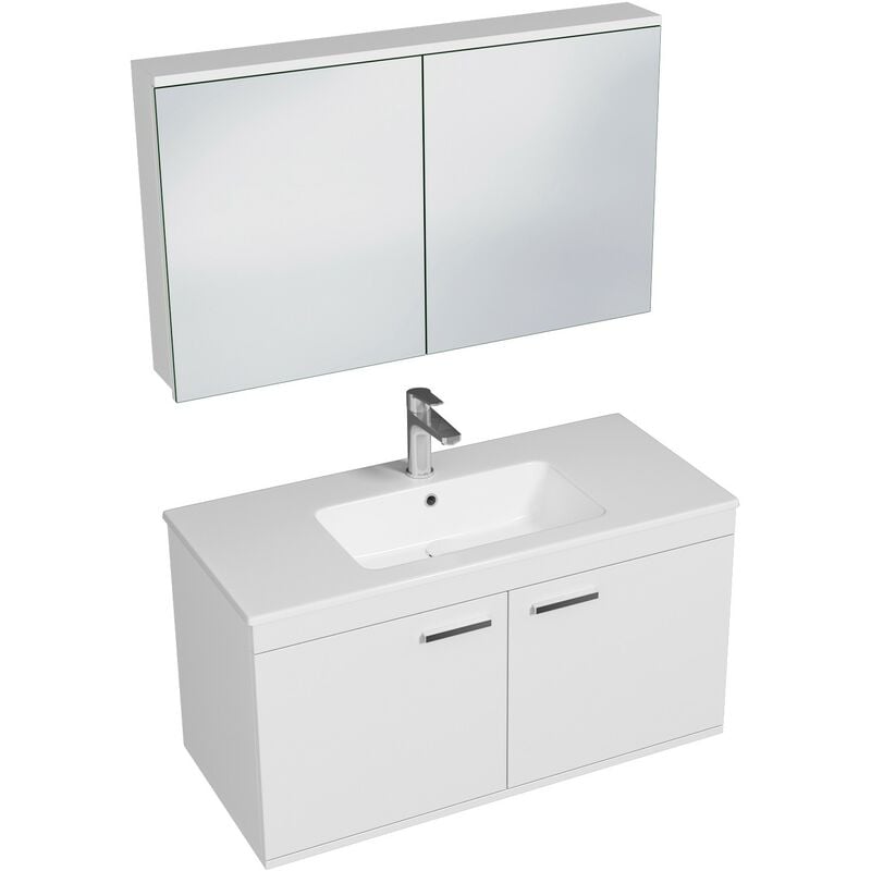 RUBITE Meuble salle de bain simple vasque 2 portes blanc largeur 100 cm + miroir armoire