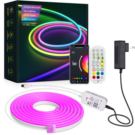 Ruble LED néon 5 mètres, RGBIC intelligent avec WiFi, synchronisation musicale, IP67 – Compatible Alexa et Google Assistant, contrôle appli et télécommande, décoration intérieur/extérieur