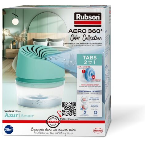 Rubson AERO 360° Absorbeur d'Humidité Couleur Azur (1 appareil + 1 recharge de 450 g), Déshumidificateur anti-odeur & anti-moisissure pour pièce jusqu'à 20 m²
