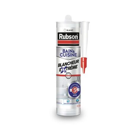 Rubson Mastic Bain & Cuisine Blancheur extrême, mastic étanche et anti-moisissures à base de silicone, mastic sanitaire blancheur longue durée, Cartouche de 280 ml