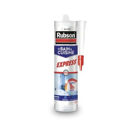 Rubson Mastic Bain & Cuisine Séchage Rapide Blanc, Joint silicone longue durée résistant aux moisissures, Mastic sanitaire étanche facile d'utilisation séchage en 1h, Cartouche de 280 ml