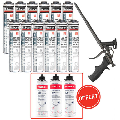 Rubson – Pack de 12 mousses expansives pistolables 750ml – 3 nettoyants mousse PU 500ml – Pistolet manuel pour application précise
