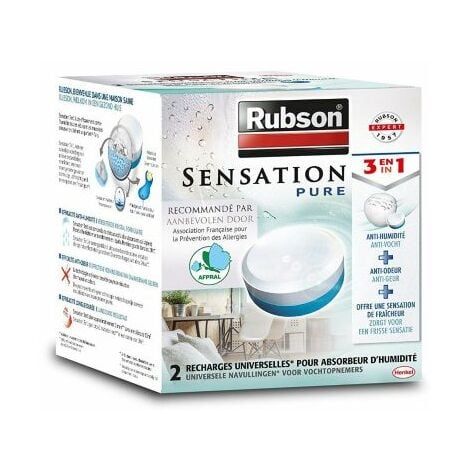Rubson Sensation Pure, 2 Recharges universelles de 300 g pour absorbeur d'humidité, Recharges 3-en-1 anti-humidité & anti-odeur et qui offrent une sensation fraîche, parfum neutre