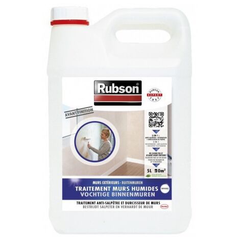 Rubson – Traitement hydrofuge pour murs humides intérieurs – Anti-salpêtre et durcisseur – 5L – Rendement 0.3 L/m² sur support lisse