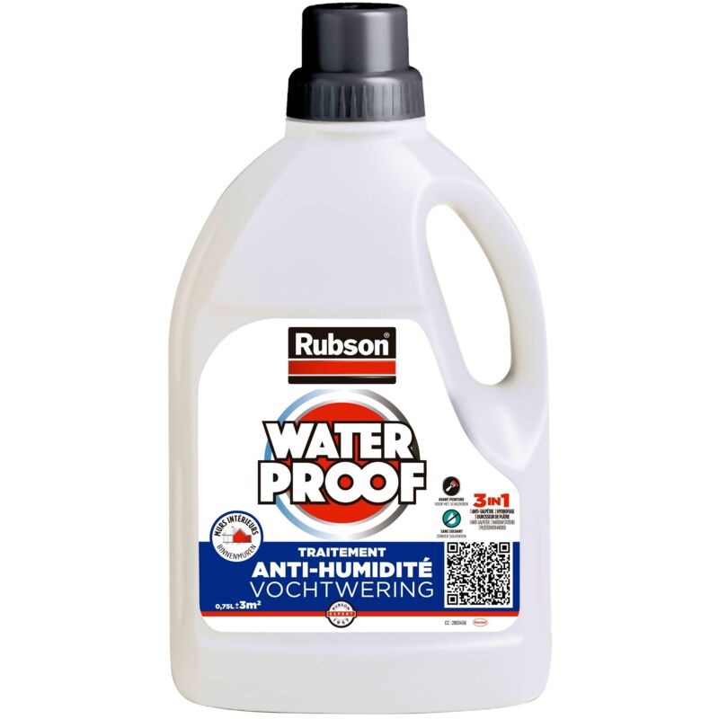 Rubson - Traitement Murs Humides, Traitement 3-en-1 anti-salpêtre, hydrofuge et durcisseur de plâtre pour tous supports sur murs intérieurs, produit
