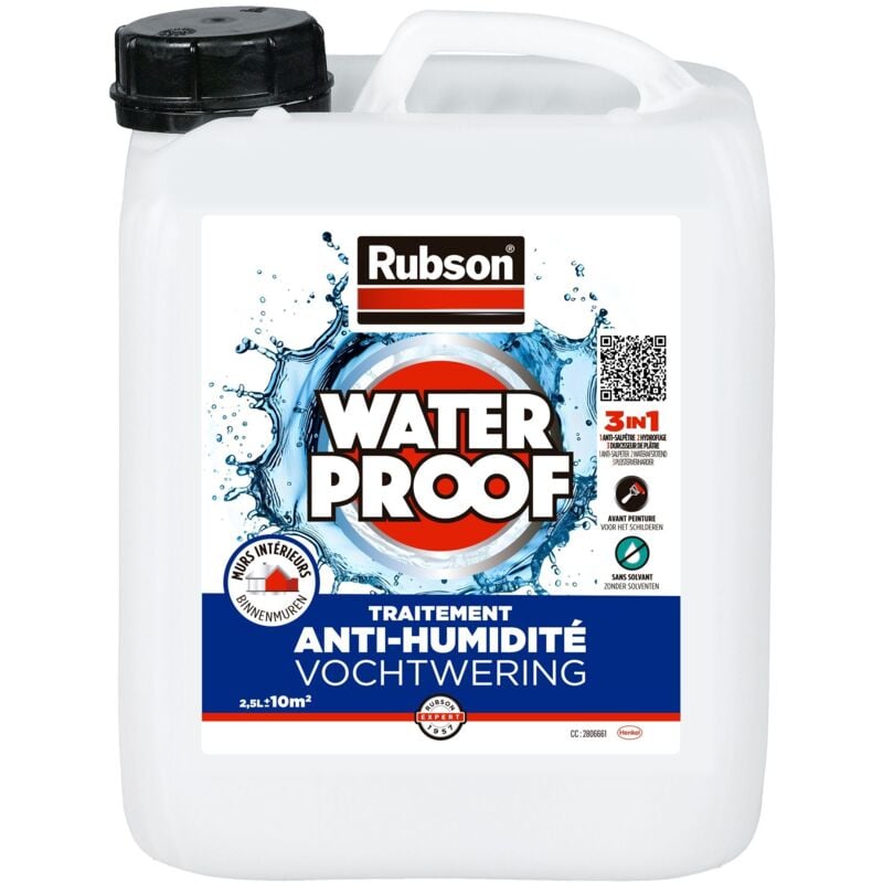 Rubson - Traitement Murs Humides, Traitement 3-en-1 anti-salpêtre, hydrofuge et durcisseur de plâtre pour tous supports sur mur intérieurs, produit