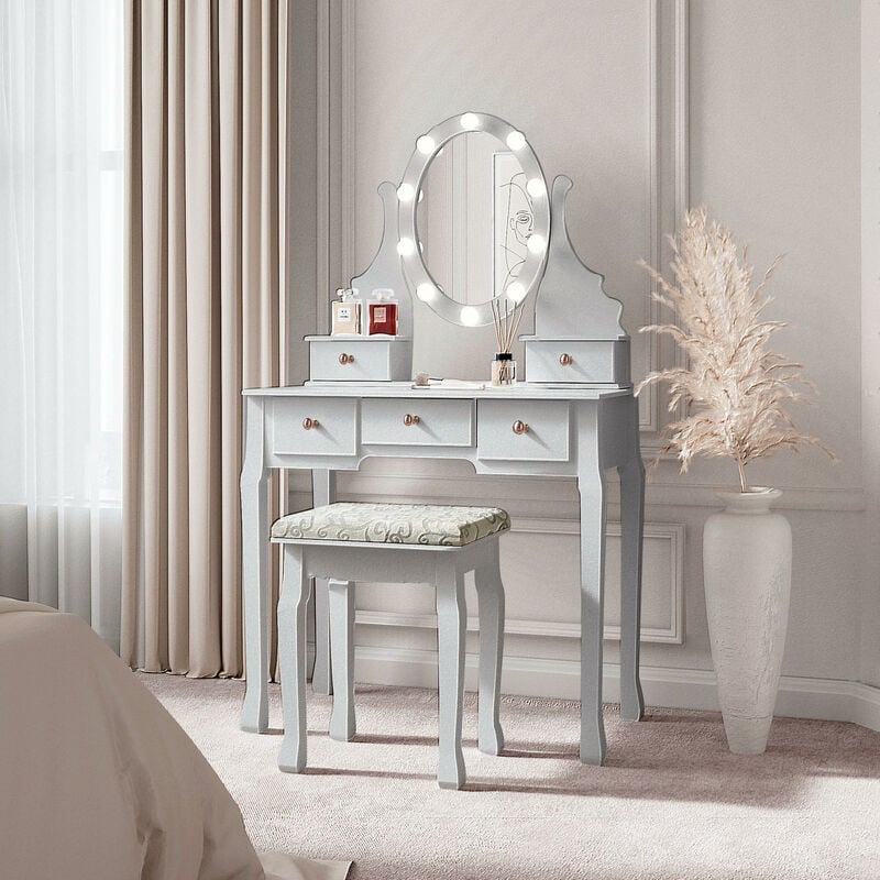 Carme Home - Ruby Rozanna Grey Dressing Table with Hollywood Bulbs LED Lights Vanity Mirror & 5 Drawers Stool Set For Bedroom Makeup Jewellery Storage