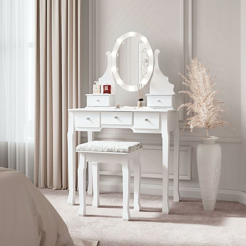 Carme Home - Ruby Rozanna White Dressing Table with Hollywood Bulbs LED Lights Vanity Mirror & 5 Drawers Stool Set For Bedroom Makeup Jewellery