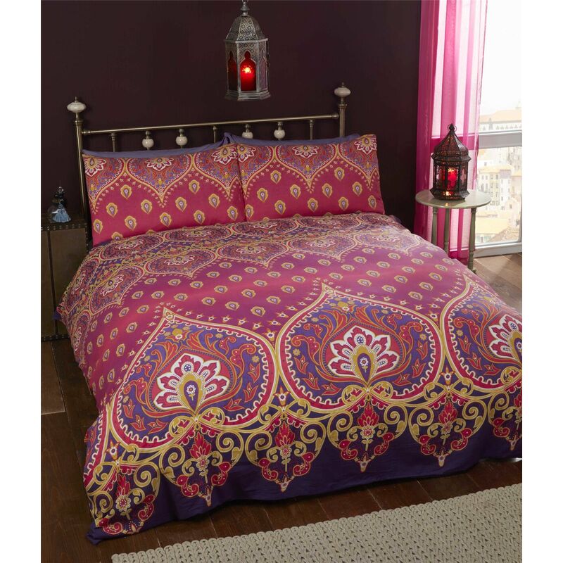 Ruby Traditional Ethnic Double Duvet Quilt Cover & 2 Pillowcase Bedding Bed Set Pink & Purple