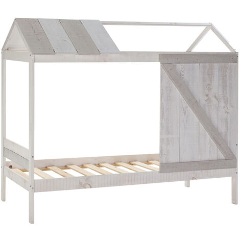 RUDDY - Lit Cabane 90x190cm Pin Massif Blanc et Gris Rustique