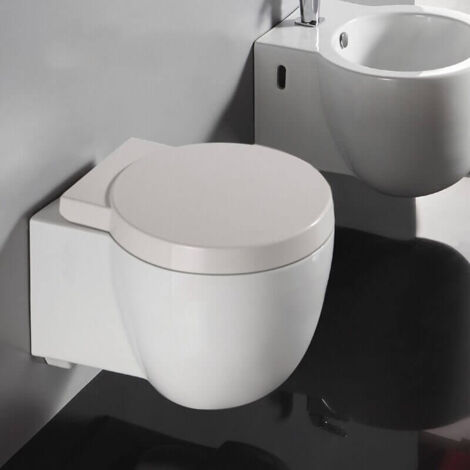 Rue Du Bain – WC suspendu compact avec abattant céramique blanc – Sortie horizontale – Système soft close – Hauteur réglable 45/50 cm – 50x41 cm