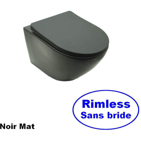 Rue Du Bain – WC suspendu ovale céramique noir mat Rimless – Abattant silencieux – Cuvette carénée sortie horizontale – Dimensions 48x37 cm