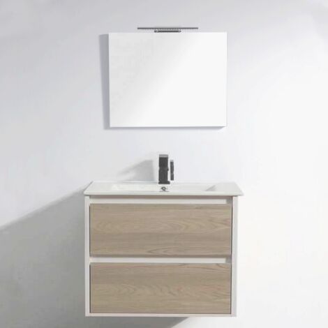 Rue Du Bain – Ensemble meuble salle de bain suspendu 80 cm chêne gris – Vasque céramique blanche – Miroir LED 80x80 cm avec éclairage intégré