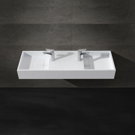 Rue Du Bain – Lavabo double vasque suspendu rectangle 120cm en Solid Surface blanc mat – Dimensions vasques L 36 x P 42 x H 18cm – Installation murale - 120cm-Twins