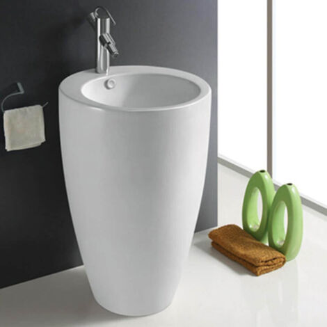 Rue Du Bain – Lavabo sur colonne rond en céramique blanc brillant – Diamètre 50 cm – Hauteur 85 cm – Installation au sol avec trop-plein