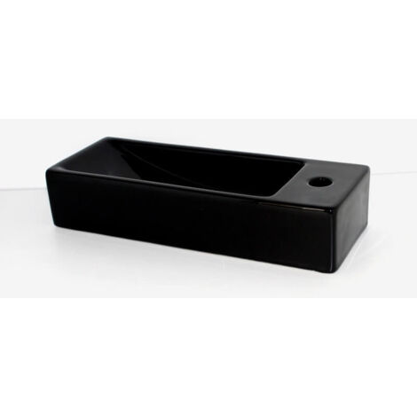 Rue Du Bain – Lave main céramique noire 38x15 cm – Rectangulaire à poser ou suspendre – Bonde clic-clac en laiton chromé – Pour robinet 27 mm