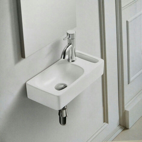 Rue Du Bain – Lave main suspendu 44 cm en céramique blanche – Porte serviette à droite – Plage de robinetterie percée – Vasque sans trop plein