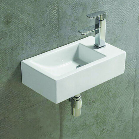 Rue Du Bain – Lave main suspendu céramique blanc 46x26 cm – Plage de robinetterie à droite – Vasque sans trop plein – Entretien facile