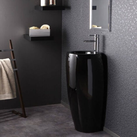 Rue Du Bain – Lave main totem rond en céramique noir brillant – Hauteur 85 cm – Diamètre 38,5 cm – Installation au sol – Compatible mitigeur surélevé