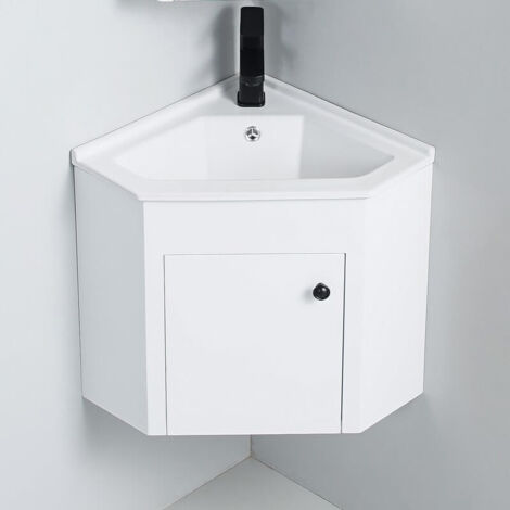 Rue Du Bain – Meuble d'angle blanc suspendu avec porte – Vasque céramique d'angle 41,5x41,5 cm – Finition blanc brillant – Fixation murale incluse