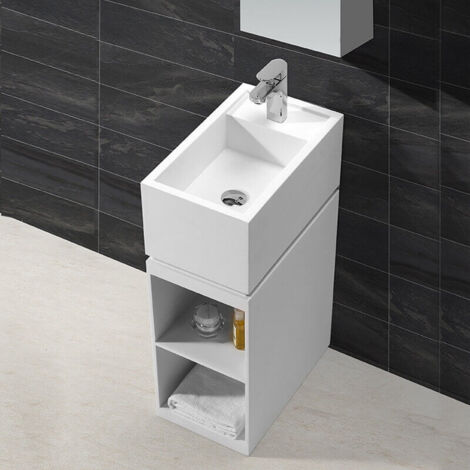 Rue Du Bain – Meuble lave main à poser – Solid surface blanc mat – 50x30 cm – Hauteur 85 cm – Rangement intégré en façade