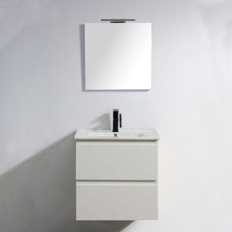 Rue Du Bain – Meuble salle de bain suspendu 60 cm blanc – Vasque céramique avec trop plein – Miroir LED 60x80 cm – Tiroirs soft close