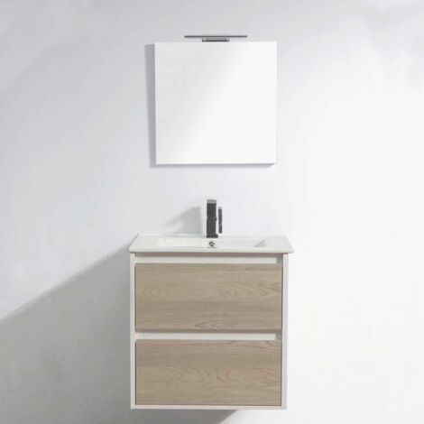 Rue Du Bain – Meuble sous vasque simple 60 cm chêne gris – Miroir LED 12W – Tiroirs soft close – Vasque céramique blanche encastrée