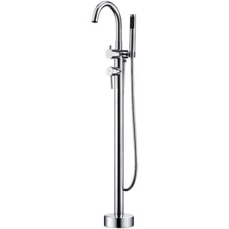 Rue Du Bain – Mitigeur de baignoire sur pied en laiton chromé – Cartouche céramique – Hauteur sous bec 104 cm – Flexible de douche anti torsion 1,5 m