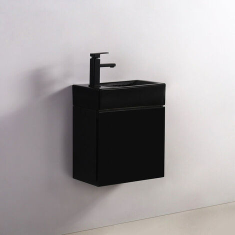 Rue Du Bain – Pack Studio NOIR – Meuble lave-main noir laqué brillant – Lave-main céramique avec trou à droite – Rangement avec porte