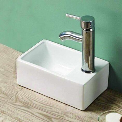 Rue Du Bain – Petit lave main céramique blanc 30x20 cm – Vasque droite sans trop plein – Installation murale ou sur plan de toilette – Pour espaces réduits