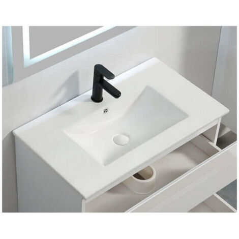 Rue Du Bain – Vasque à encastrer céramique blanche 81x47 cm – Plage de robinetterie percée – Trop plein avec cache chromé intégré – Compatible bonde clic-clac