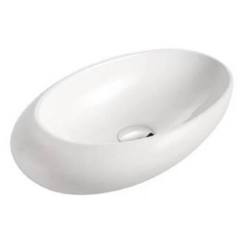 Rue Du Bain – Vasque à poser asymétrique en céramique blanche 48 x 31 cm – Forme galet – Sans trop plein – Installation facile sur meuble sous vasque