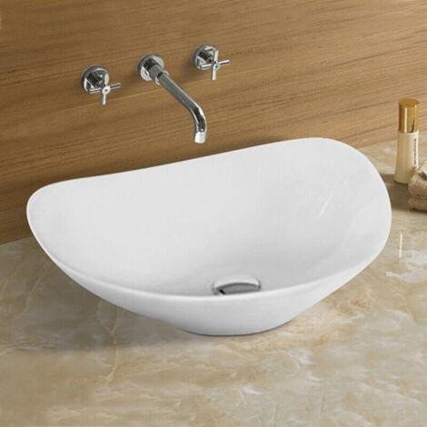 Rue Du Bain – Vasque à poser ovale en céramique blanche 54x43 cm – Forme asymétrique – Installation facile sur meuble ou plan de salle de bain