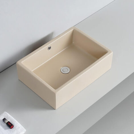 Rue Du Bain – Vasque à poser rectangulaire en céramique beige mat 51x36 cm – Trop plein avec cache chromé – Installation sur meuble ou plan suspendu