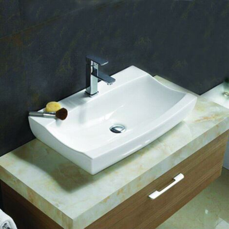 Rue Du Bain – Vasque à poser rectangulaire en céramique blanche 48x32 cm – Sans trop-plein – Compatible mitigeur design – Facile à installer