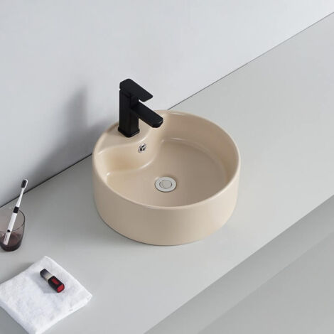 Rue Du Bain – Vasque à poser ronde 40 cm – Céramique beige mat – Trop plein et robinetterie pré-percée – Installation murale facile
