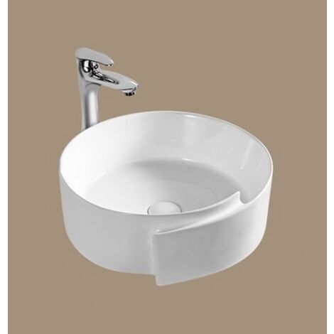 Rue Du Bain – Vasque à poser ronde 43 cm – Céramique blanche sans trop plein – Installation avec robinet mitigeur murale – Pour meuble suspendu