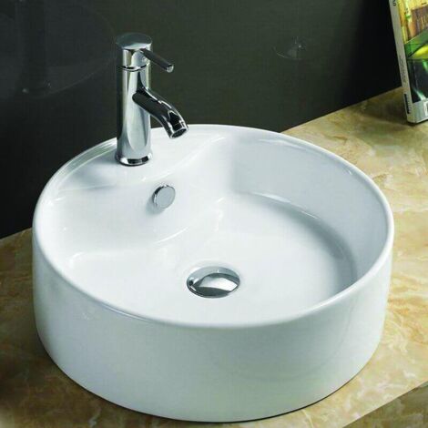 Rue Du Bain – Vasque à poser ronde en céramique blanche 40 cm – Trop plein intégré – Pré-percée pour robinet mono trou – Installation facile