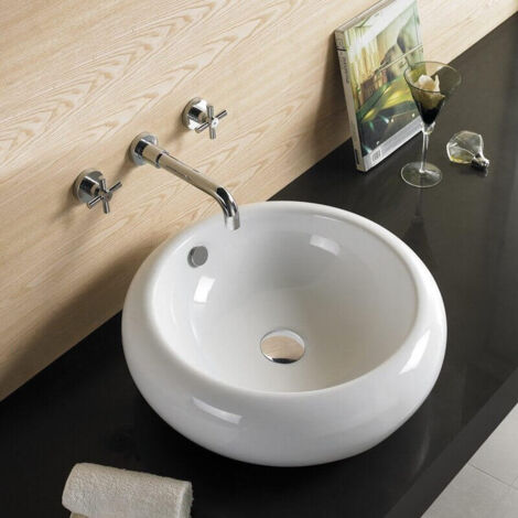 Rue Du Bain – Vasque à poser ronde en céramique blanche 42,5 cm – Trop plein intégré – Pour meuble ou plan de salle de bain – Design galet élégant