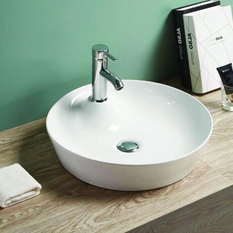 Rue Du Bain – Vasque à poser ronde en céramique blanche brillante 44 cm – Sans trop-plein – Percée pour robinet mono trou – Installation facile