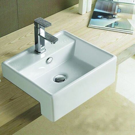 Rue Du Bain – Vasque semi-encastrable carrée céramique blanche 41x41 cm – Trop plein et plage de robinetterie percée – Installation facile