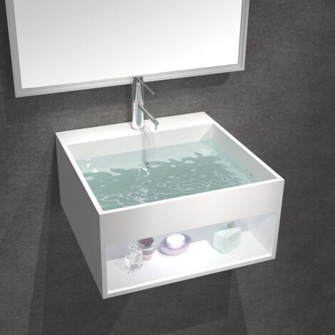 Rue Du Bain – Lavabo suspendu carré 50x50 cm – Solid Surface blanc mat – Plage de robinetterie non percée – Sans trop plein – Installation facile